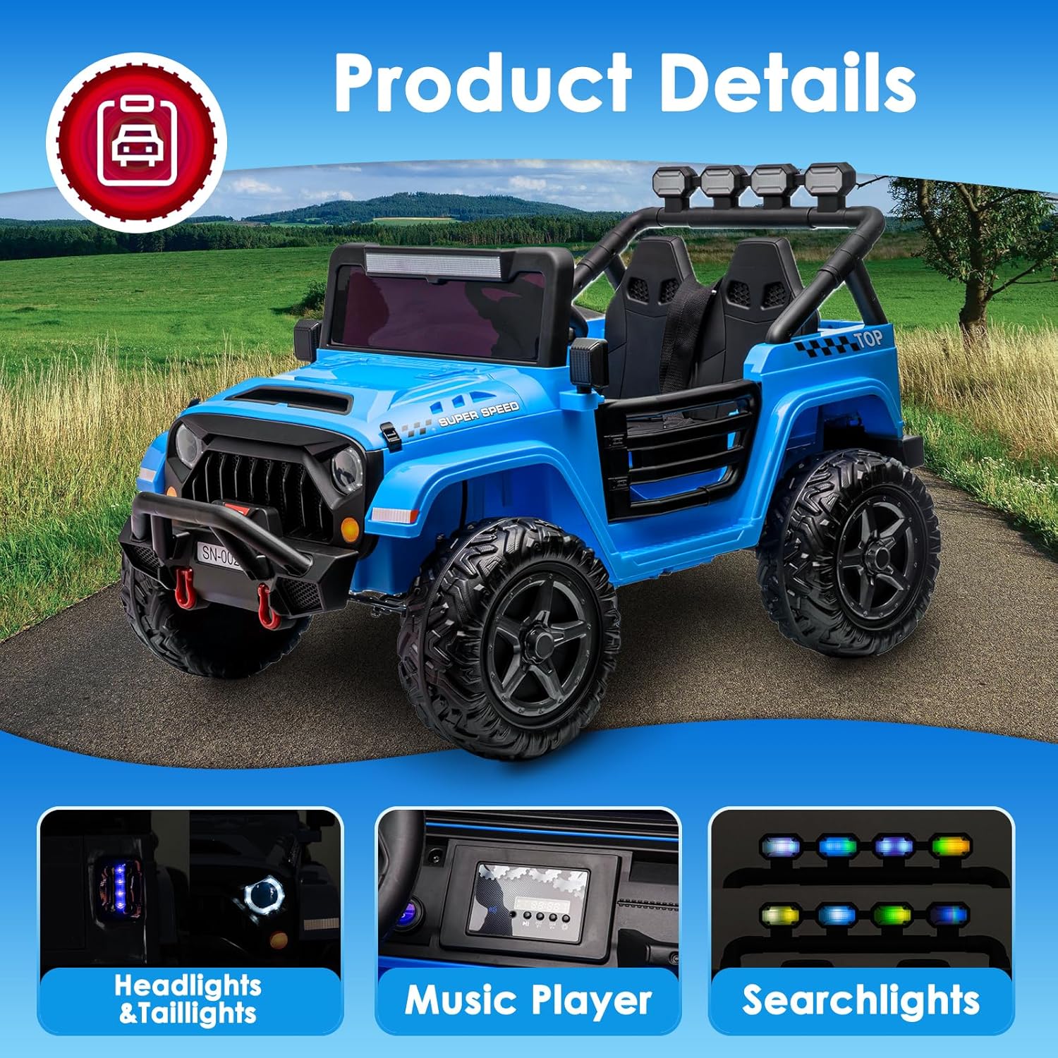 24V 2 Seater Ride On Truck with Remote Control 4WD Electric Car for Kids Ride On Car Battery Powered Ride On Toy Car with Music Player, LED Lights, Bluetooth, Rear Shock Absorber, Blue