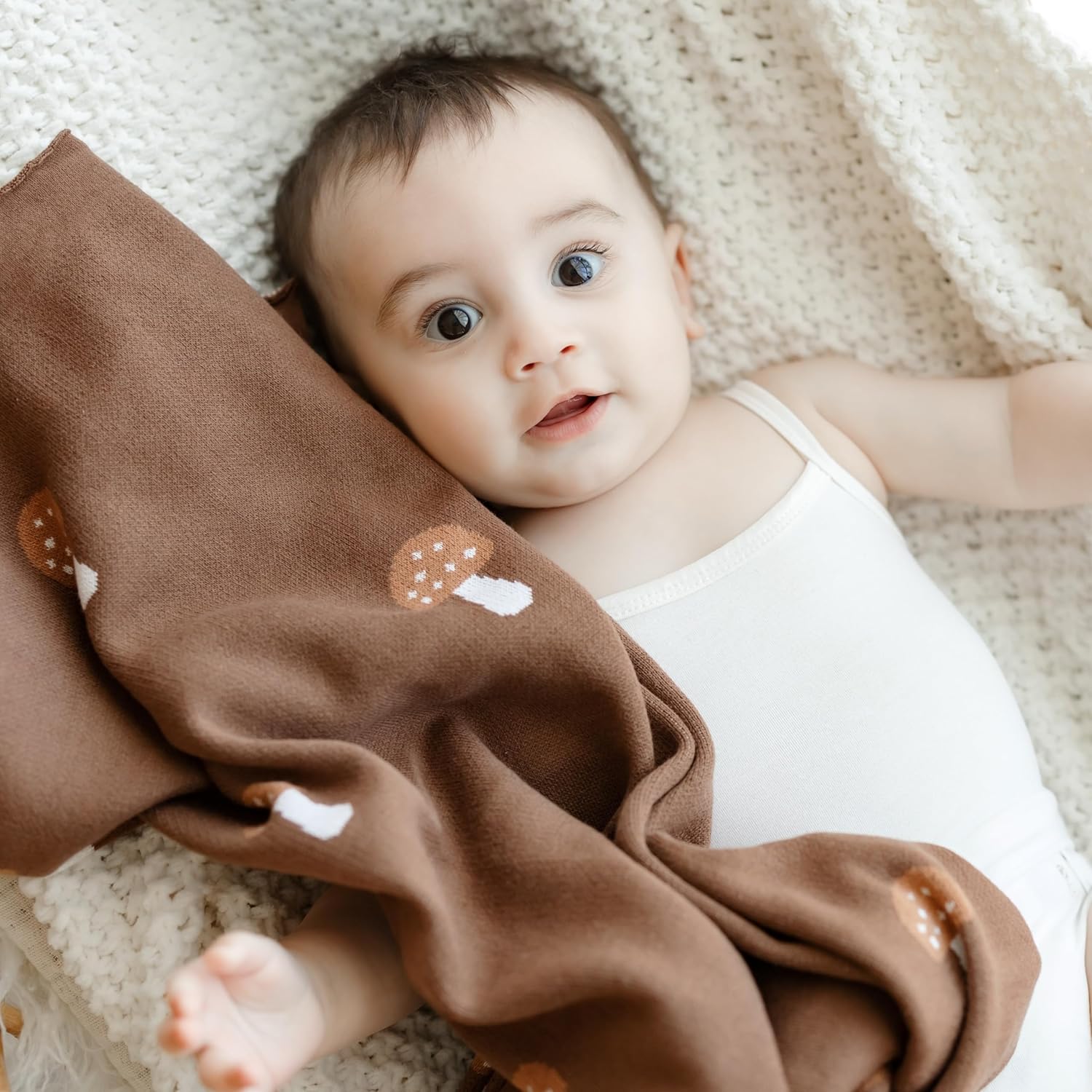 Knit Baby Blanket for Girls and Boys 100% Cotton Buttery Soft Cozy Receiving Swaddle Crib Stroller Blanket for Shower Gift Registry for Newborns, Infants, Toddlers (Mushroom - Mocha)