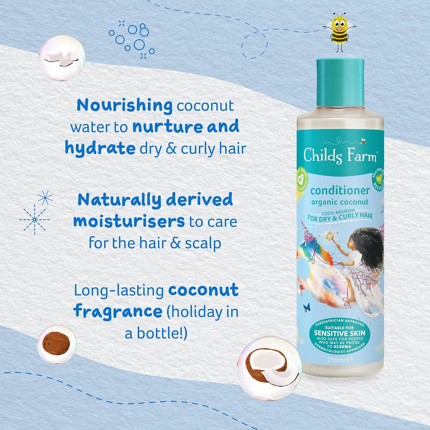 Childs Farm, Kids Coco-Nourish Leave in Conditioner, Organic Coconut ,Curly & Coily Hair, Conditions & Nourishes, Suitable for Dry, Sensitive & Eczema-Prone Skin & Scalp, 4.2 Fl Oz