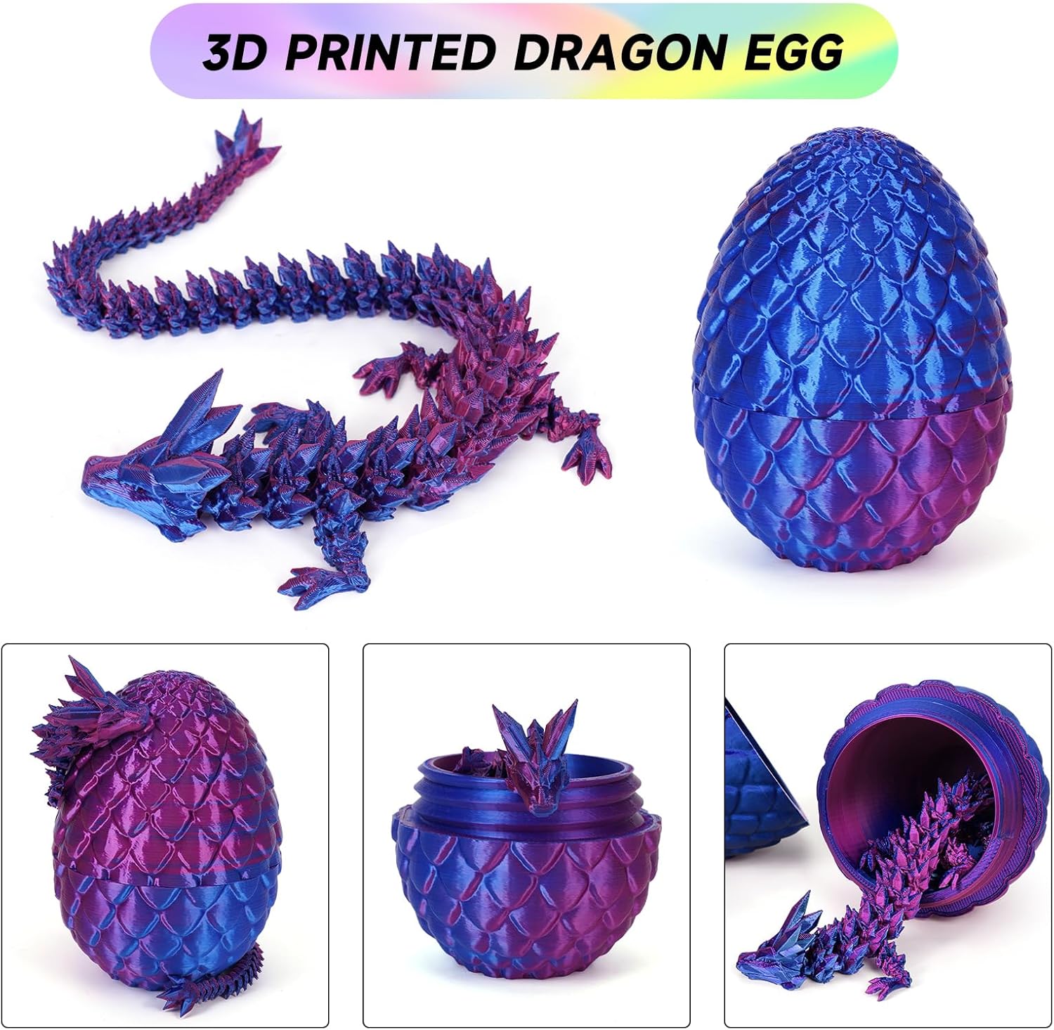 3D Printed Dragon Egg,Dragon Eggs with Dragon Inside,Crystal Dragon Fidget Toys,Full Articulated Dragon Dragon in Egg,Adults Fidget Toys for Autism ADHD（Laser Violet-12inch）