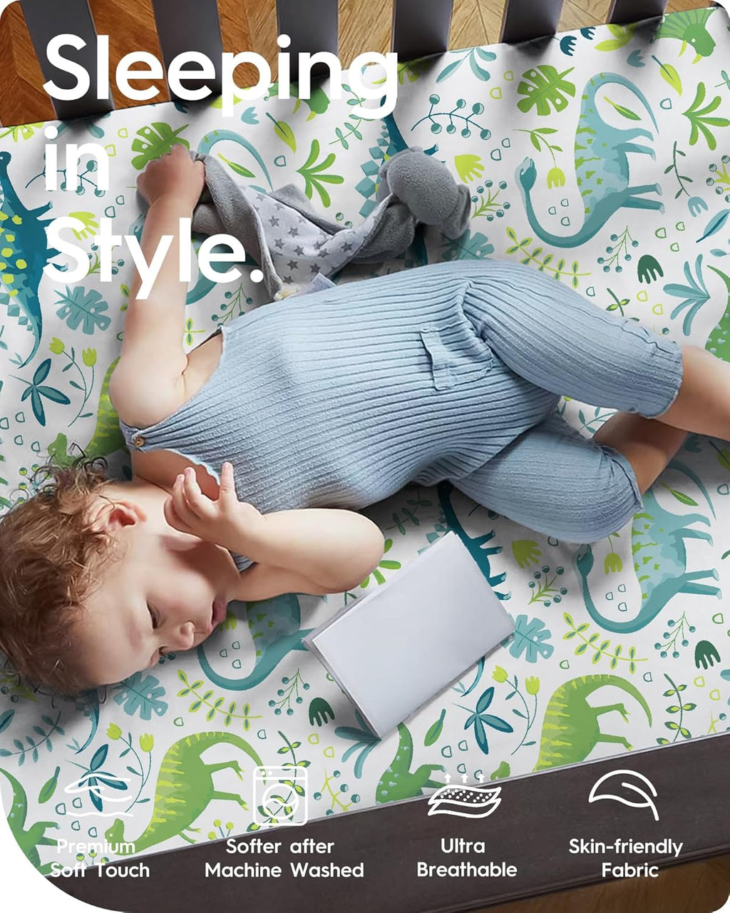 Dinosaur Crib Sheets for Boys, Premium Soft Crib Mattress Fitted Sheet, Ultra Breathable Baby Sheets, Super Stretchy Baby Bed Sheets 28x52x9 Extra Deep Pocket, 2 Pack