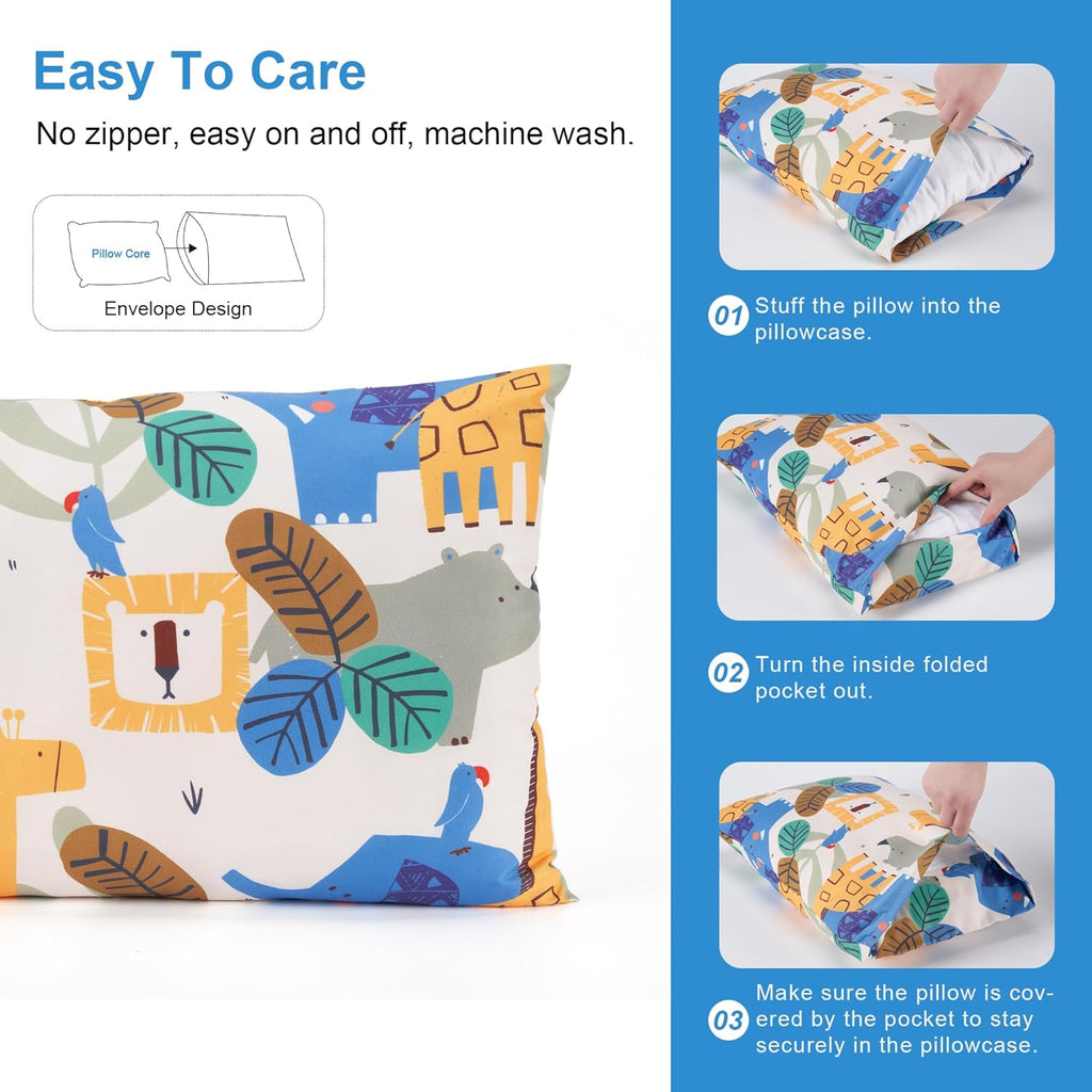 TILLYOU Toddler Pillowcases 13 x 18 Travel Pillow Case 2 Pack, Kids Pillowcases Machine Washable with Envelope Closure, Animal Geometry & Blue