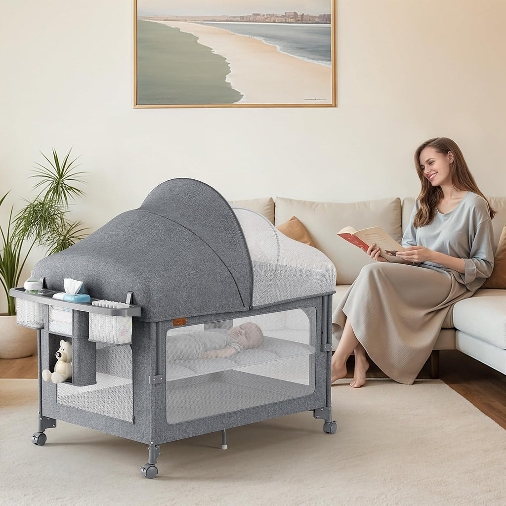 4 in 1 Baby Bassinet, Pack and Play, Bedside Crib Sleeper, Diaper Changer, Quickly Assembled and Folded Portable Crib with Mattress and Mosquito Net, Easy to Carry