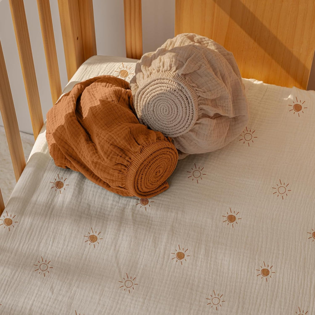 Gllquen Baby Muslin Mini Crib Sheets 3 Pack, Breathable Pack and Play Sheets Fitted Soft Cozy Cotton Pack N Play Sheets for Baby Boy Girls, Universal Fitted Mini Crib Mattresses 38"x26" (Yellow)