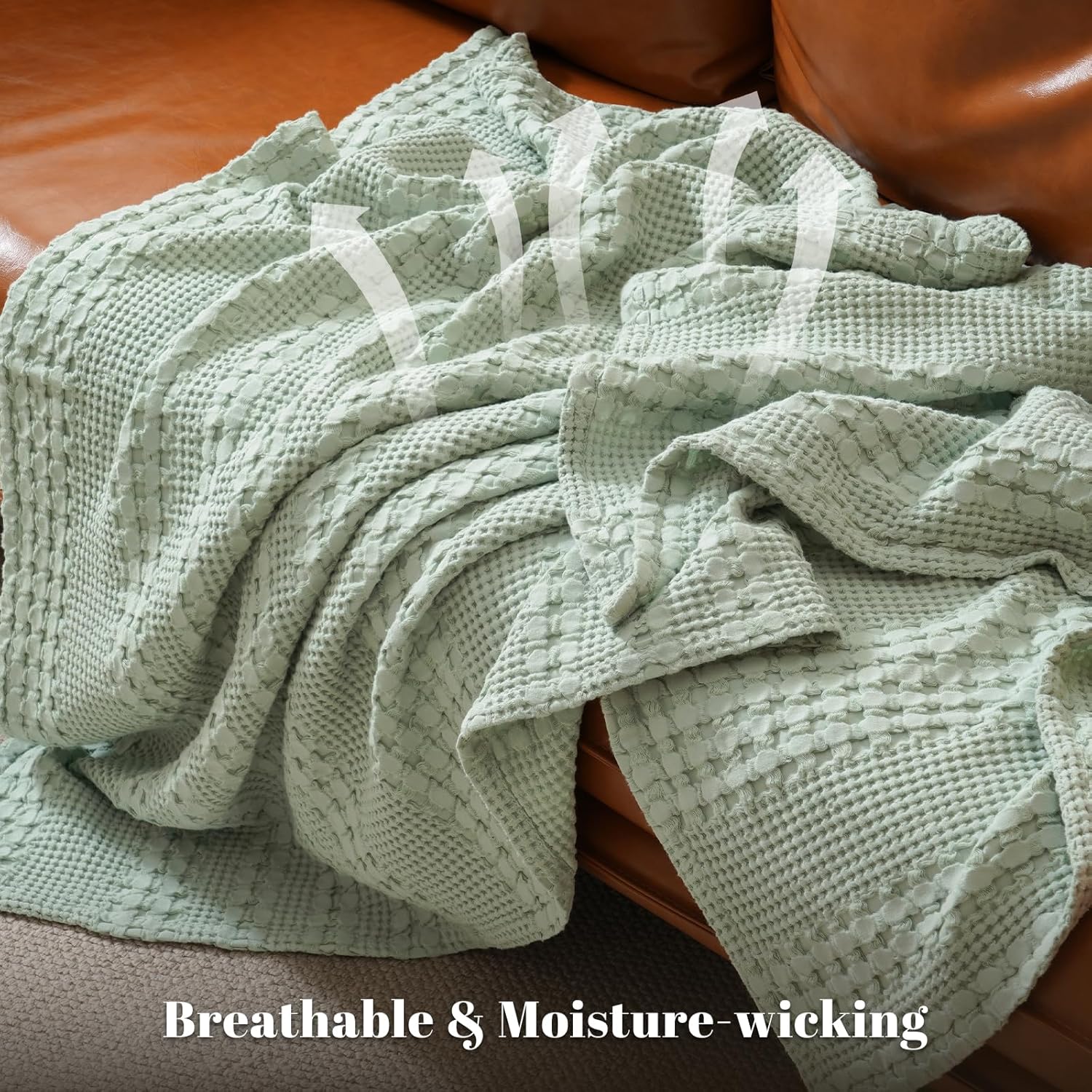 PHF 100% Cotton Waffle Weave Blanket Queen Size, Soft Lightweight Breathable Cozy Summer Blankets for Bed, Luxury Aesthetic Woven Bedding for Home Decor, 90"x90", Sage Green