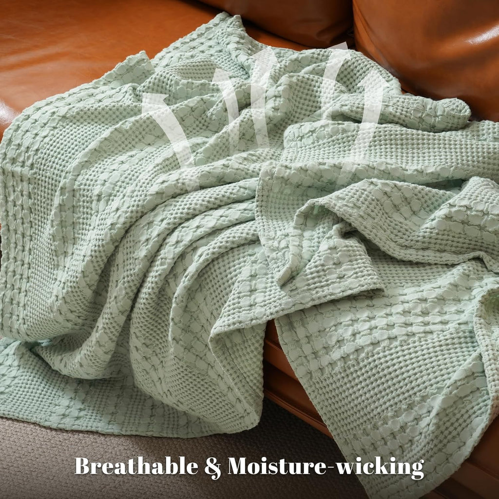 PHF 100% Cotton Waffle Weave Blanket King Size, Soft Lightweight Breathable Cozy Summer Blankets for Bed, Luxury Aesthetic Woven Bedding for Home Decor, 108"x90", Sage Green