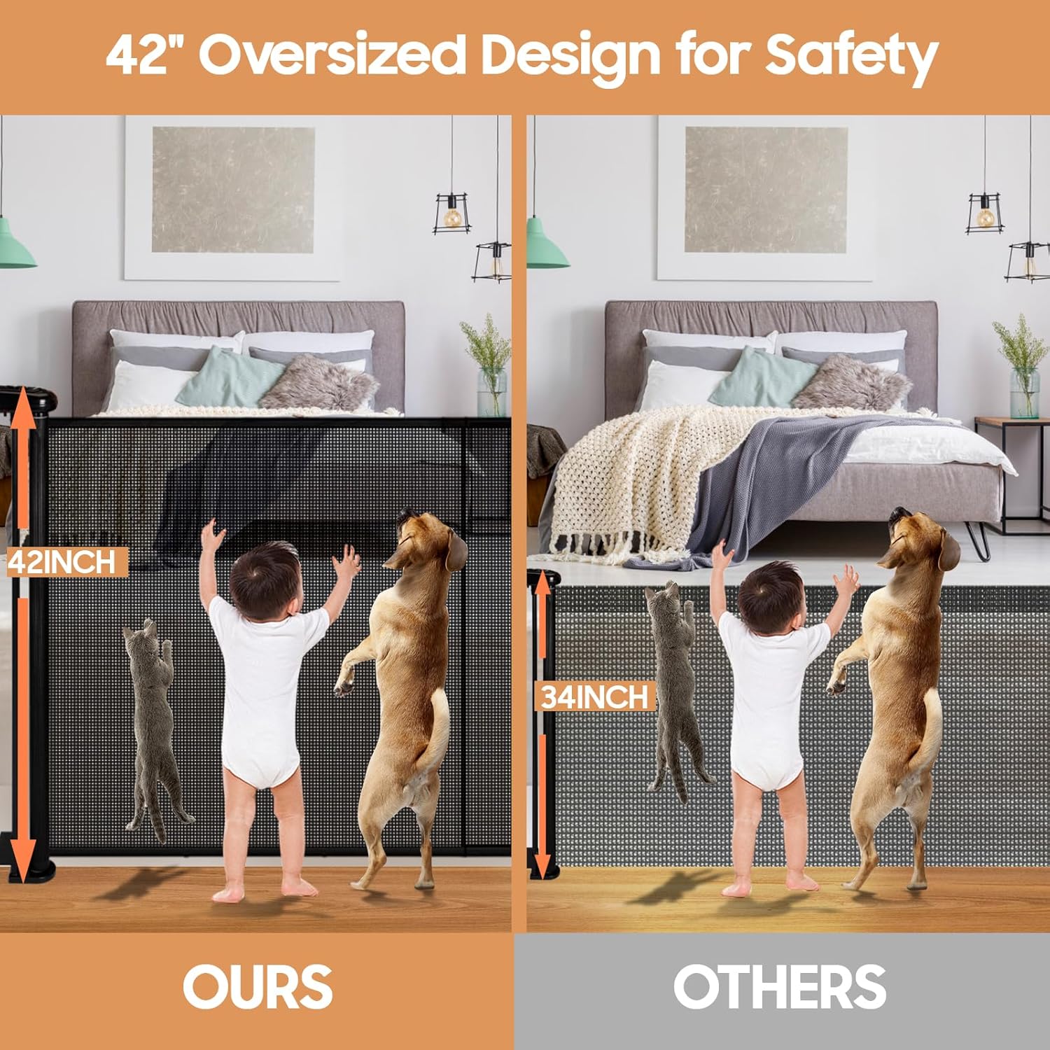 160" Retractable Baby Gates, 42" Extra Tall Upgraded Baby Gate with Reinforced Strip Design, Prevent from Crawling Underneath, Extra Wide Dog Gate Baby Gates for Stairs Doorways Indoor Outdoor