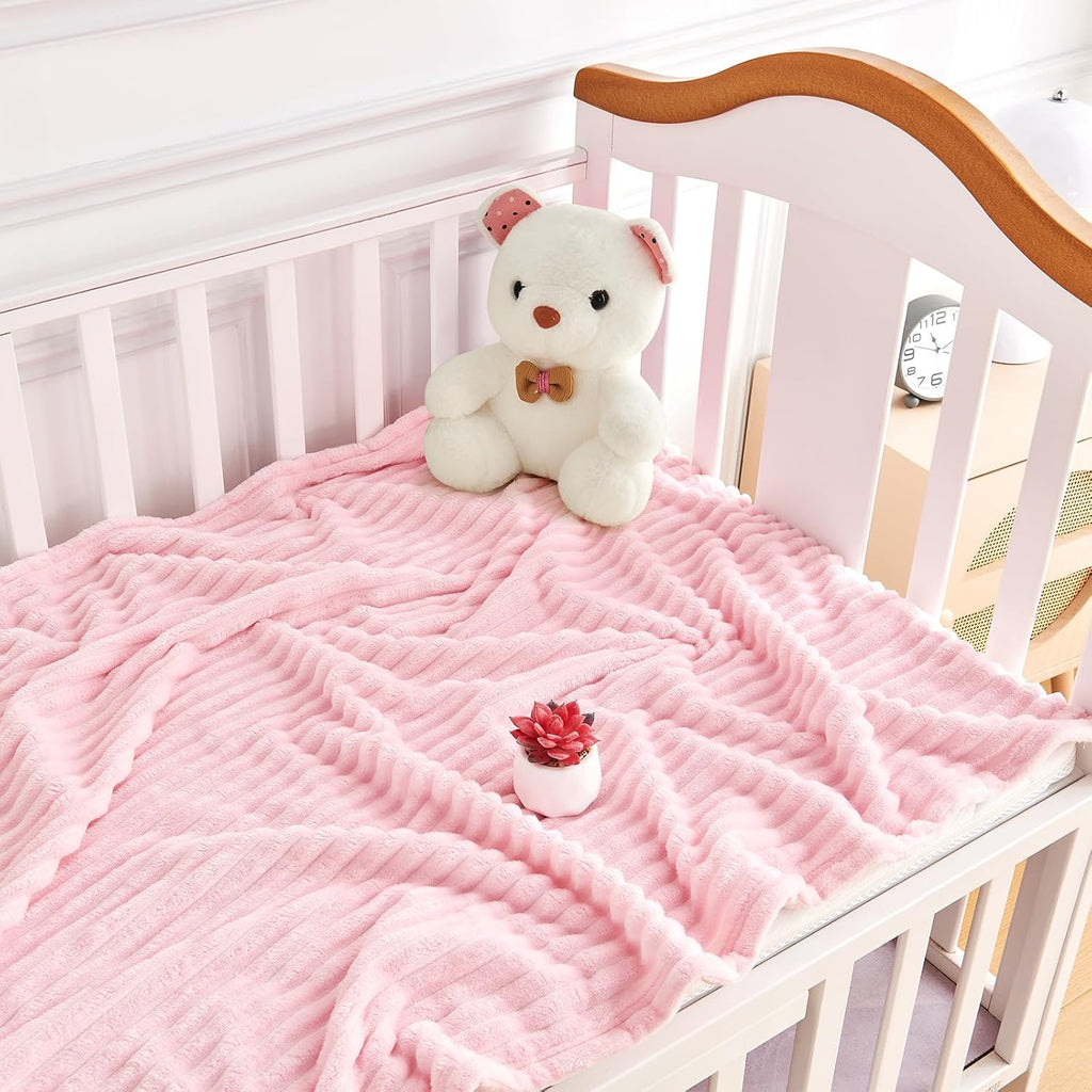 Soft Fleece Baby Blanket Ultra Cozy Pink Baby Blankets for Girls Warm and Lightweight Infant Toddler Newborn Receiving Gift with Reversible Stripes for Crib Stroller, 30x40 Inch, Light Pink