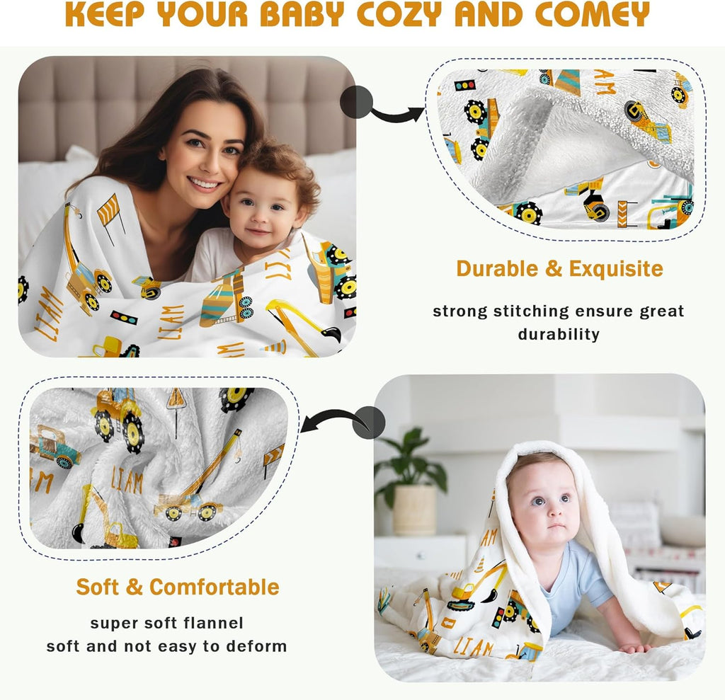 Personalized Truck Excavator Blanket with Name Cutsom Blanket for Baby Boy Car Lover Toddler Kids Customized Gifts for Baby Shower Christmas Birthday Newborn Gifts