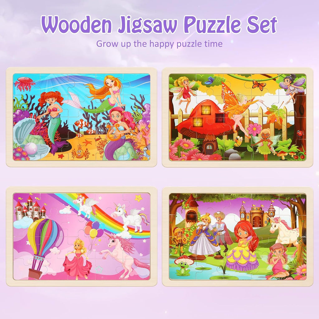 Wooden Puzzles Toys for Kids Ages 3-5, Set of 4 Packs with 20-Piece Unicorn Mermaid Princess Wood Jigsaw Puzzles, Preschool Educational Brain Teaser Toys for Girls 3 4 5 6 Years Old.
