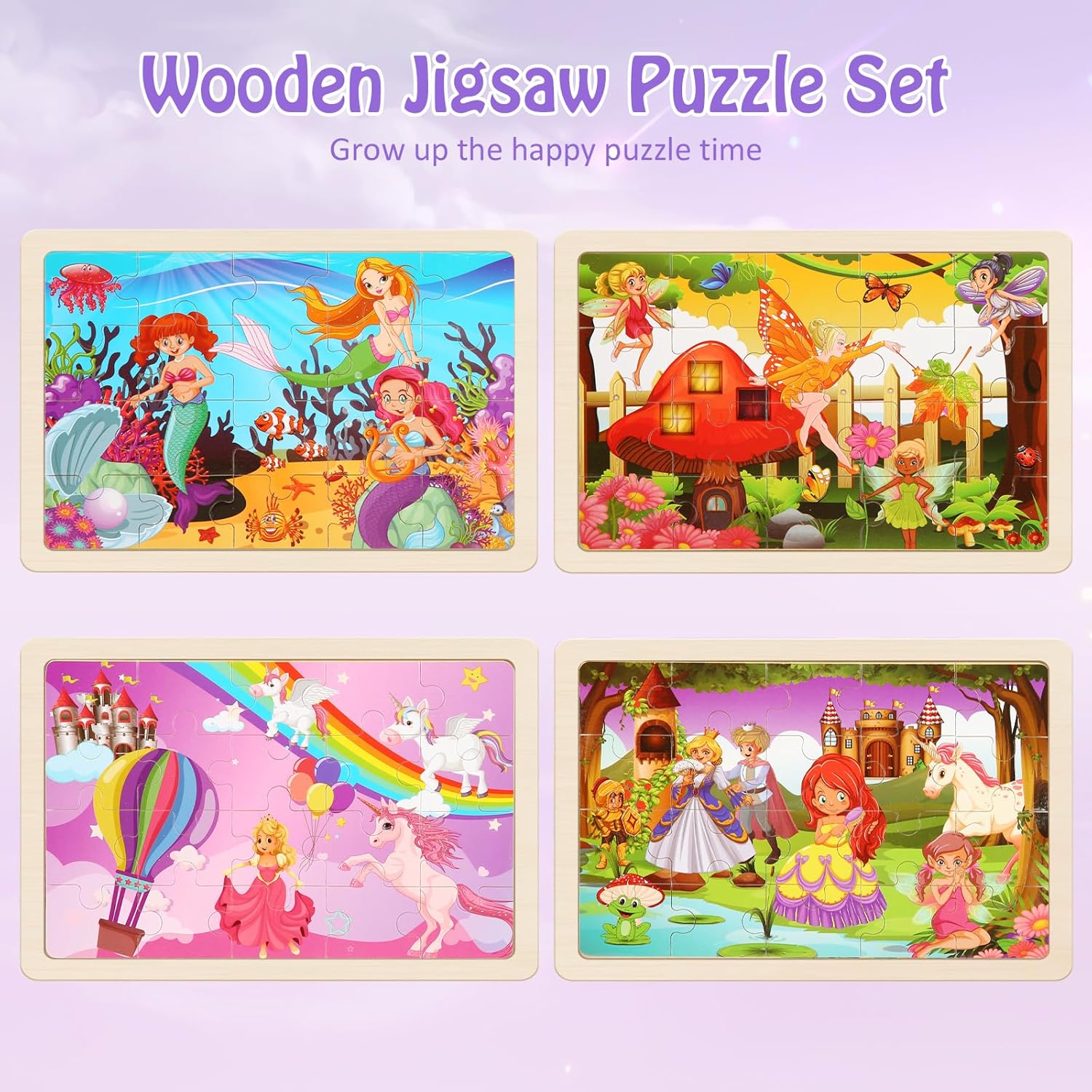 Wooden Puzzles Toys for Kids Ages 3-5, Set of 4 Packs with 20-Piece Unicorn Mermaid Princess Wood Jigsaw Puzzles, Preschool Educational Brain Teaser Toys for Girls 3 4 5 6 Years Old.