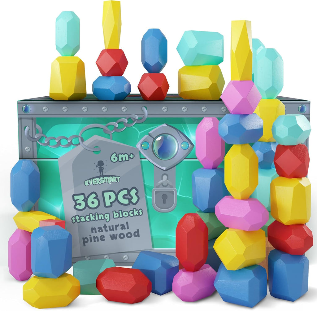 Wooden Stacking Blocks – Montessori Toys for 1 2 3 4 5 6 Year Old Toddlers and Kids, No Choking Hazard – Building Rocks Stones Games, for Girls and Boys