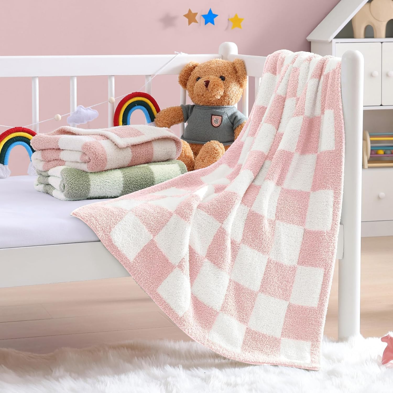 WRENSONGE Checkered Throw Blanket, Pink Microfiber Soft Cozy Fluffy Warm Hand Made Throw Blankets for Couch, Sofa, Chair, Bed, Camping, Picnic, Travel Lightweight Bed Blanket - 30"*40"