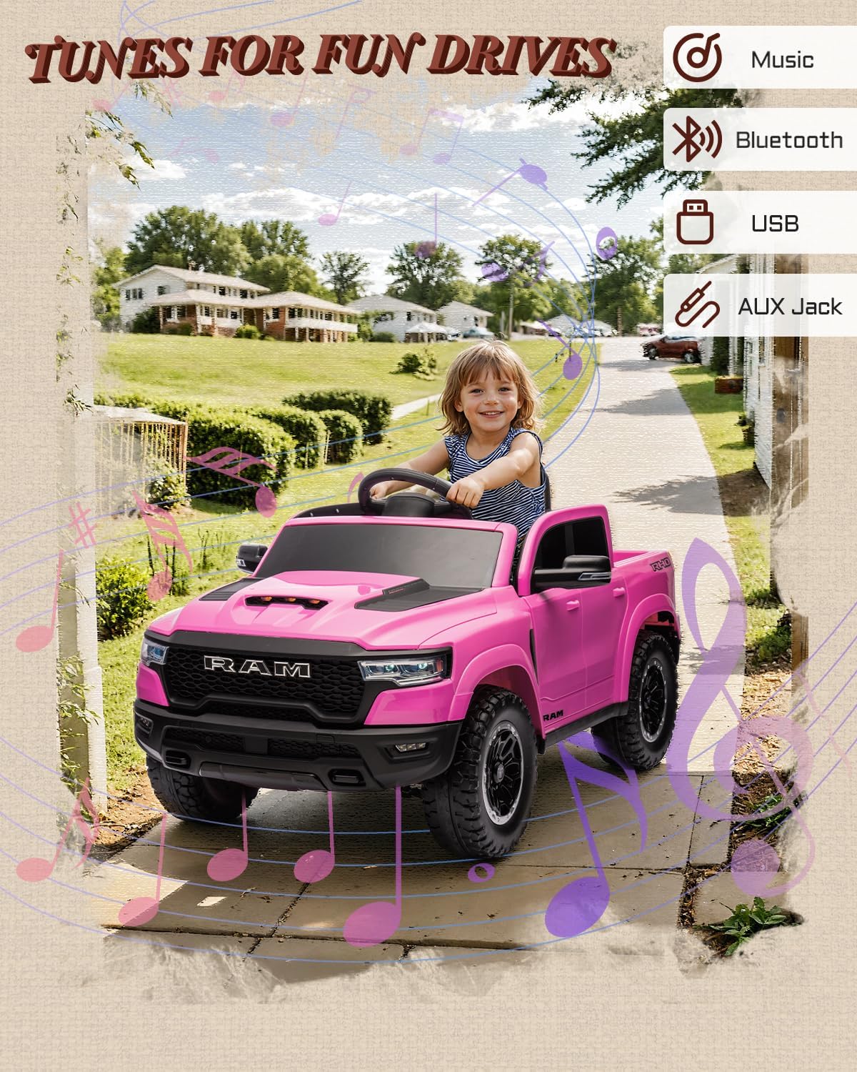 Licensed Ram 1500 12V Ride on Toys, Kids Ride on Car with Remote Control, Electric Vehicle for Toddler with Smooth Start, Pickup Truck Bed Storage, Spring Suspension, Aux Port (Pink)