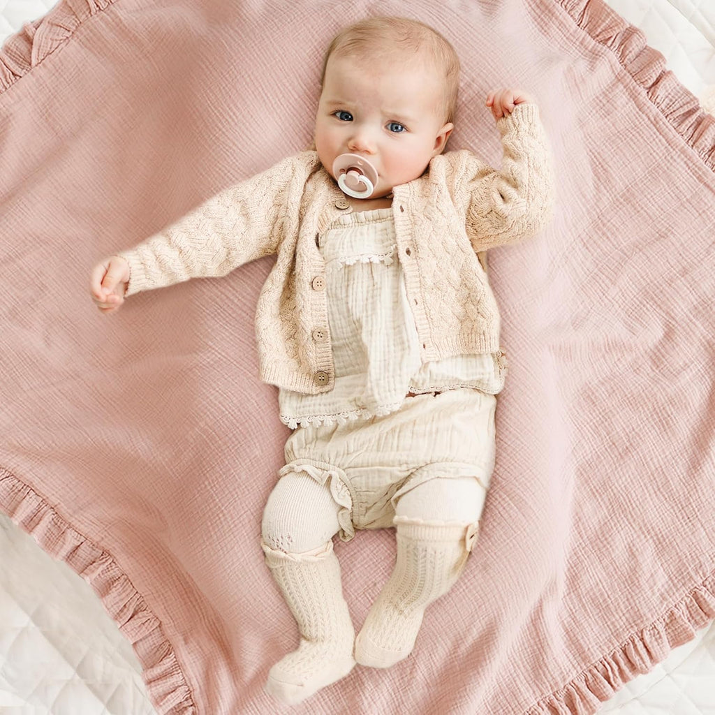 Konssy Flounce Muslin Baby Blankets, Cotton Crib Blanket for Baby Infant Toddler, Super Soft and Lightweight Nursery Blankets 40"x36" (Pink)
