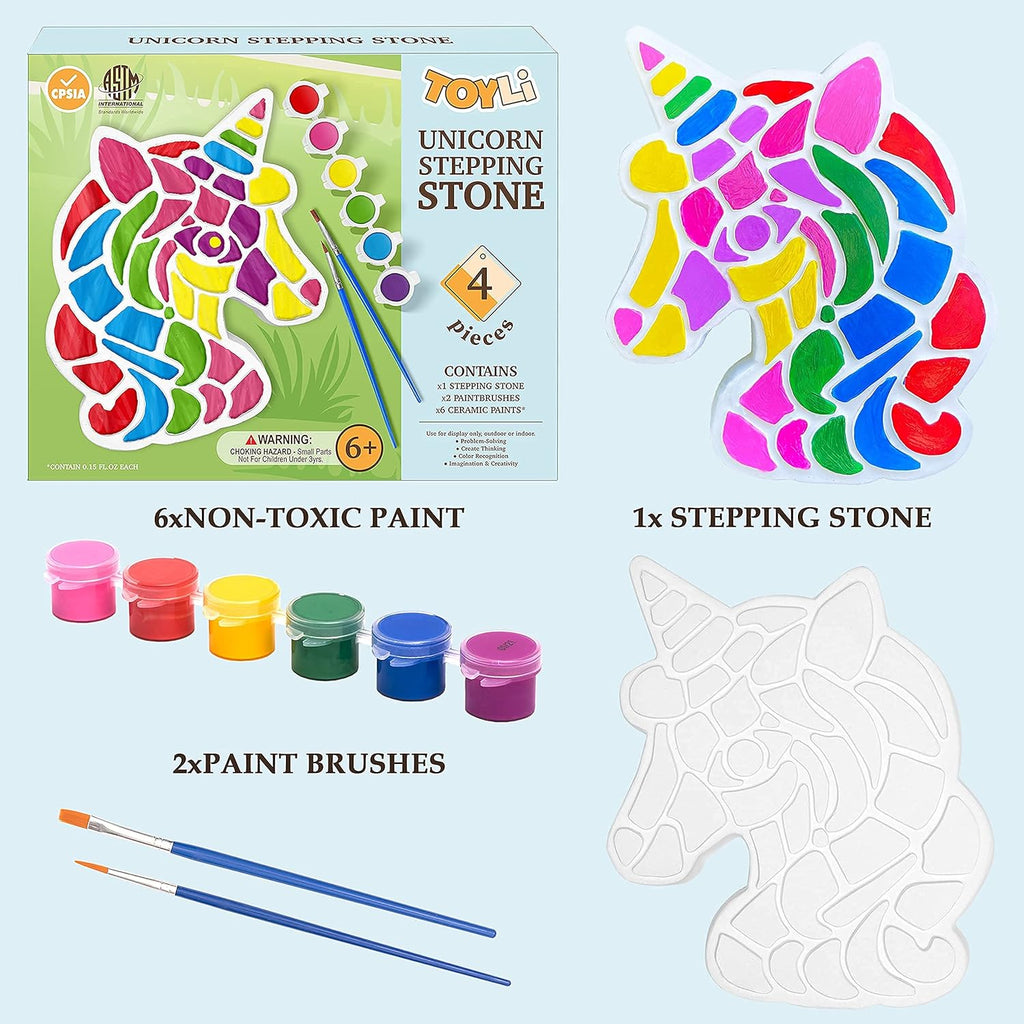 TOYLI Unicorn Painting Kit for Kids, Art Set, DIY Project, Stepping Stone Kit, Includes 2 Brushes and 6 Paints, Mess-Free Arts and Crafts