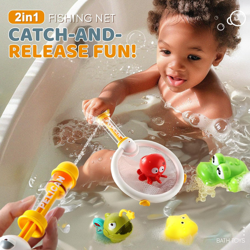 Bath Toys for Kids, Magnetic Fishing Toys with Storage Bag and Light up Star, Wind Up Creatures Baby Bathtub Birthday Gifts for Toddlers 2-4 Boys Girls, 11 Pcs Set