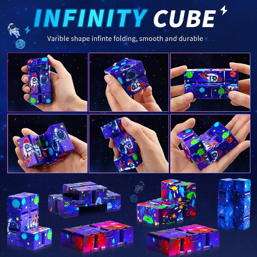 20 Pcs Galaxy Infinity Cube Toy Bulk with Drawstring Bag Mini Blocks Cube Gadget Sensory Toy Stress Anxiety Relief Magic Puzzle Flip Hand Held Fidget Blocks Party Stuffers for Kids Adults ADHD
