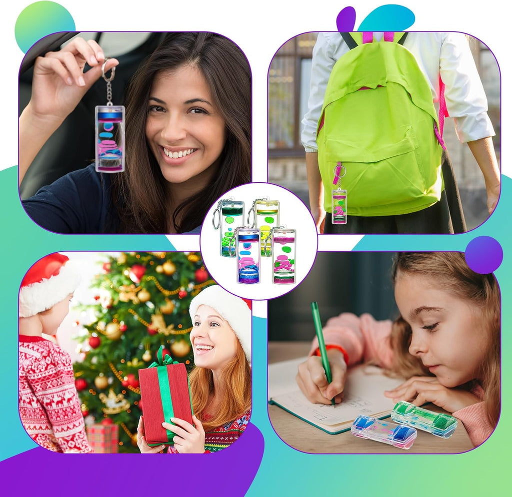 12 Pcs Liquid Motion Bubbler Keychains, Liquid Motion Bubbler Sensory Toys Liquid Keychain Fidget Keychain for Adults Stress Relief Gifts Calming Toys Party Favors Bag Pendant, 4 Styles