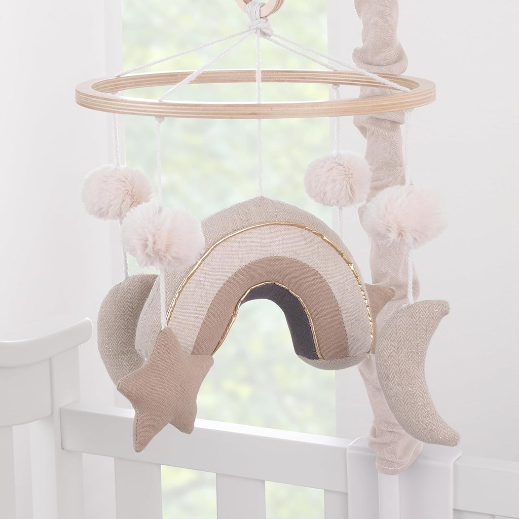 NoJo Rainbow Moon and Stars Pom Pom Ivory, Taupe, and Natural Wood Tones Plush Nursery Musical Mobile
