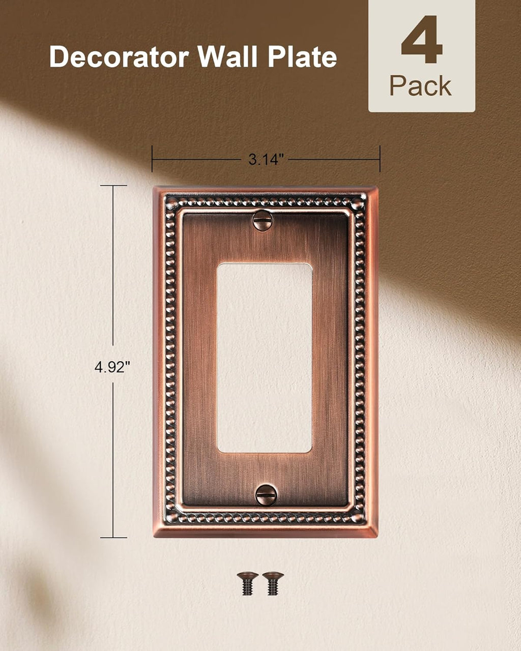 4-Pack Decorator Outlet Cover Plate, Decorative Switch Plates and Outlet Covers, Antique Copper Metal Wall Plates for Electrical Outlets, Receptacle, GFCI Outlet, Dimmer Switch