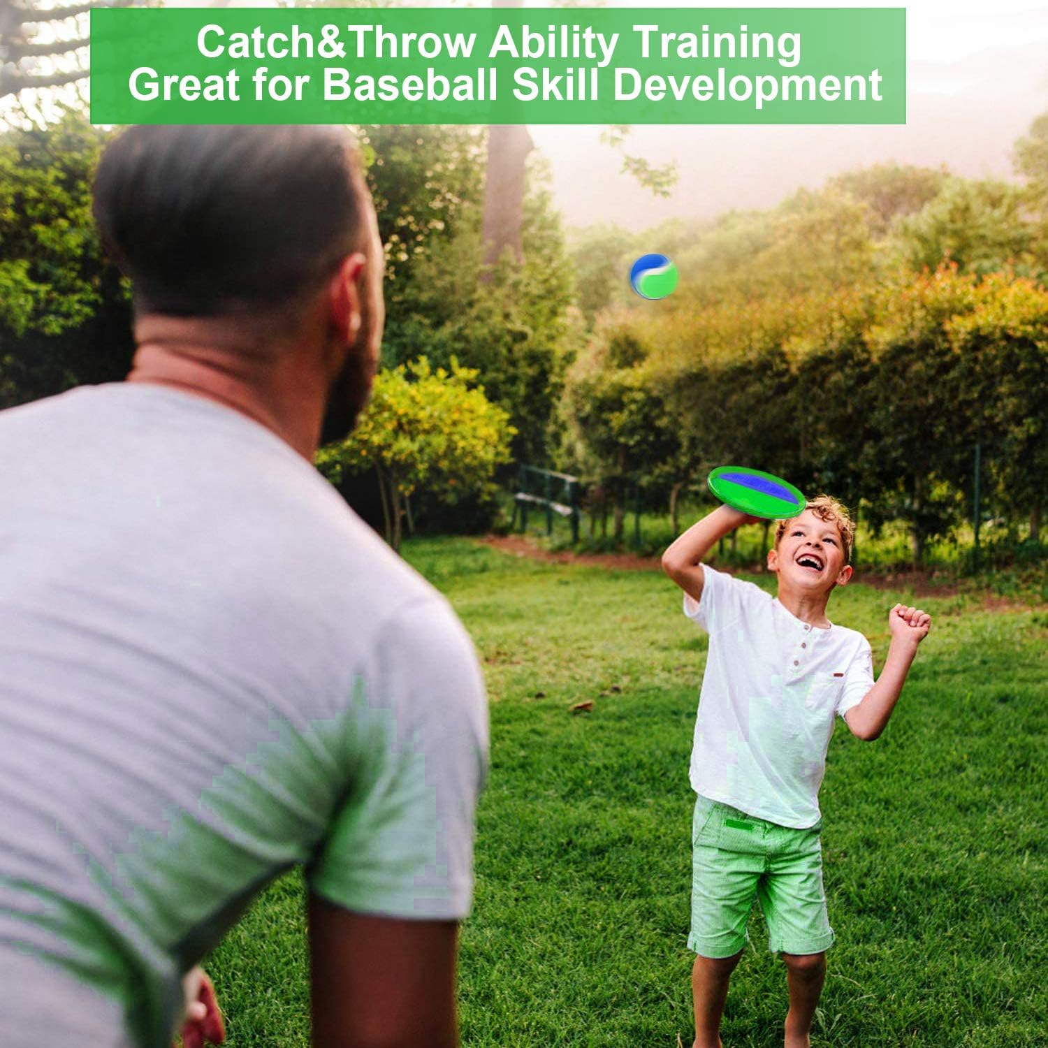 Jalunth Ball Catch Set Game Toss Paddle - Beach Toys Back Yard Outdoor Games Pool Backyard Target Throw Sticky Set Age 3 4 5 6 7 8 9 10 11 12 Years Old Boys Girls Kids Easter Gifts Green Blue 2 Pack