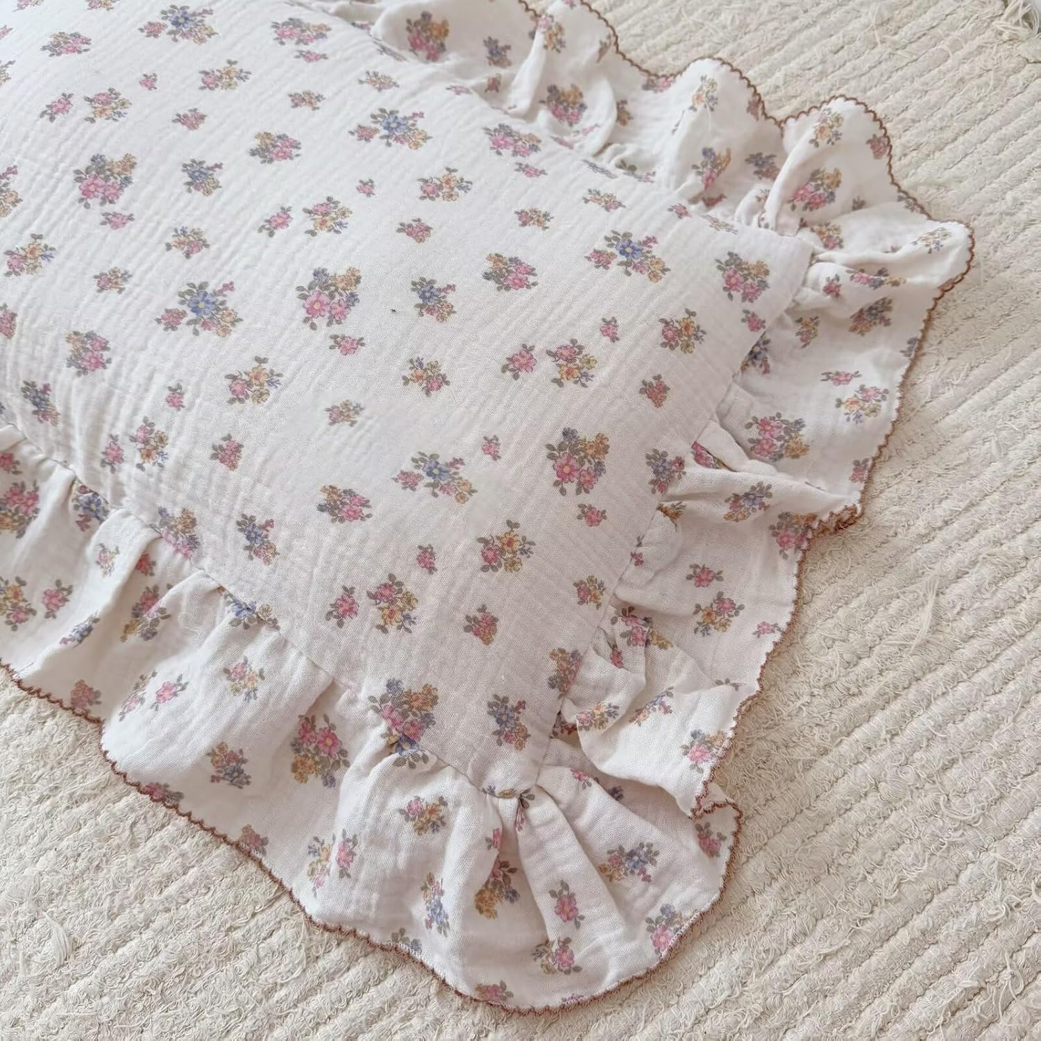 BuLuTu Chic Floral Themed Toddler Pillowcases with Ruffles, 100% Cotton Muslin Pillow Cases Crib Size Pillow Cover with Tuberose Flower Print, 14"x20", Children Bedding Gift