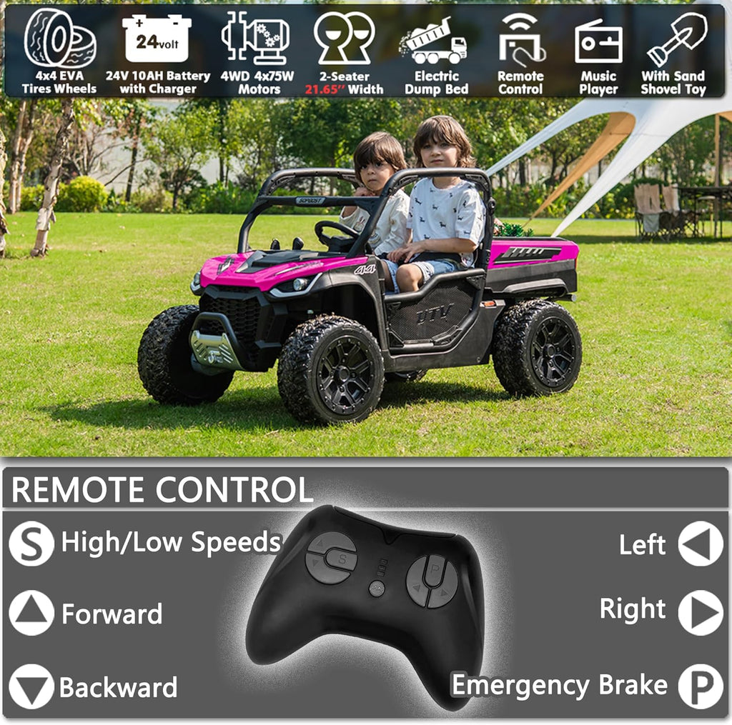 sopbost 24V Ride On Car with Remote Control 10Ah Battery Powered Ride On Toy for Big Kids to Drive 2 Seater UTV with Large Dump Bed, 4x75W Motors, Hot Pink & Black