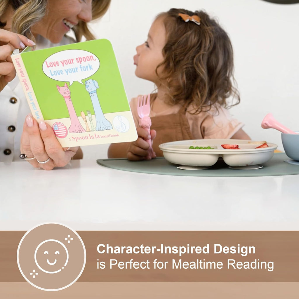 Made in USA Spoon la la Toddler Utensils Set (2 Pack) & Board Book - Spoon & Fork for Kids, Self-Standing 3D Ergonomic Cat & Dog Handles, BPA-free, Dishwasher Safe Baby Silverware (Pink)