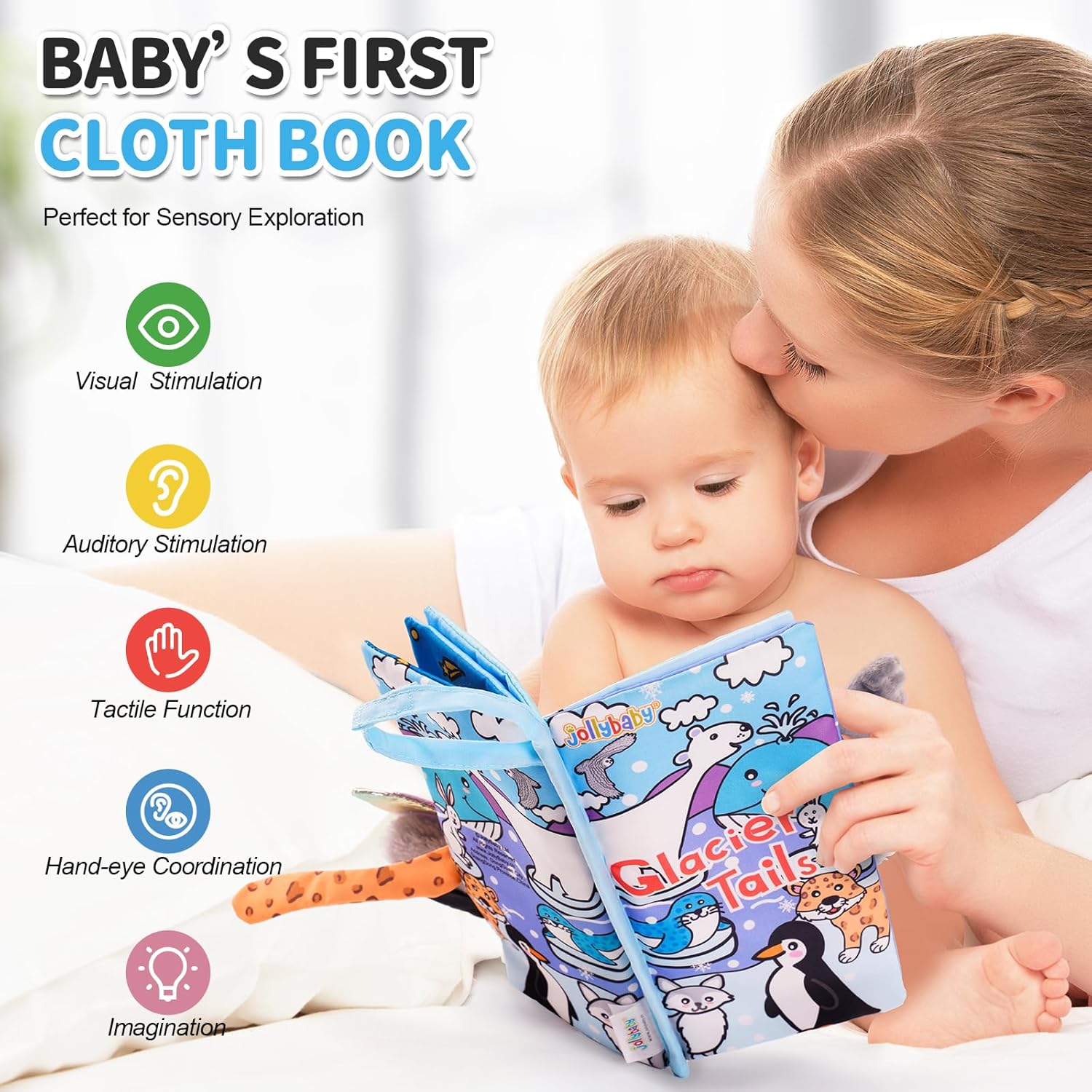 Jollybaby Baby Cloth Books, Touch & Feel Crinkle Soft Books, for Infants Babies, Toddler Early Educational Interactive Stroller Toys, Baby Girl & Boy Gift(Glacier Tails)