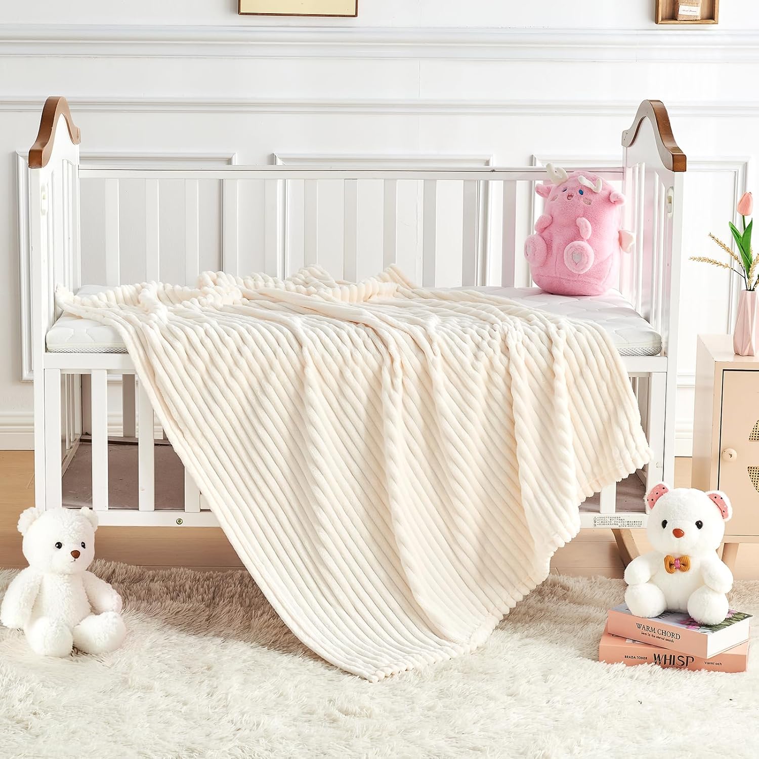 Soft Fleece Baby Blanket Ultra Cozy Baby Blankets for Boys Girls Warm and Lightweight Infant Toddler Newborn Receiving Gift with Reversible Stripes for Crib Stroller, 30x40 Inch, Cream