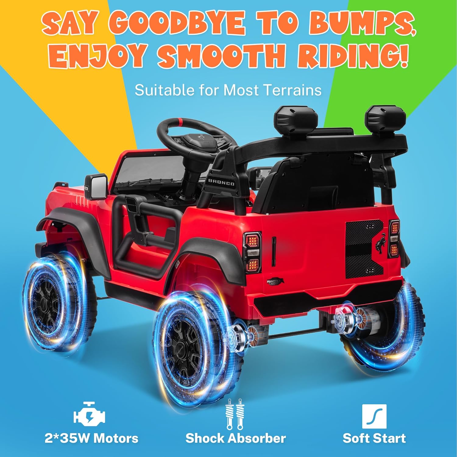 ENYOPRO 12V Kids Ride On Car with Remote Mode, Licensed Ford Bronco Raptor Electric Car for Toddlers, Battery Powered Ride On Toy Truck w/2 Speed, Working Headlights, Music Player, Radio (Red)