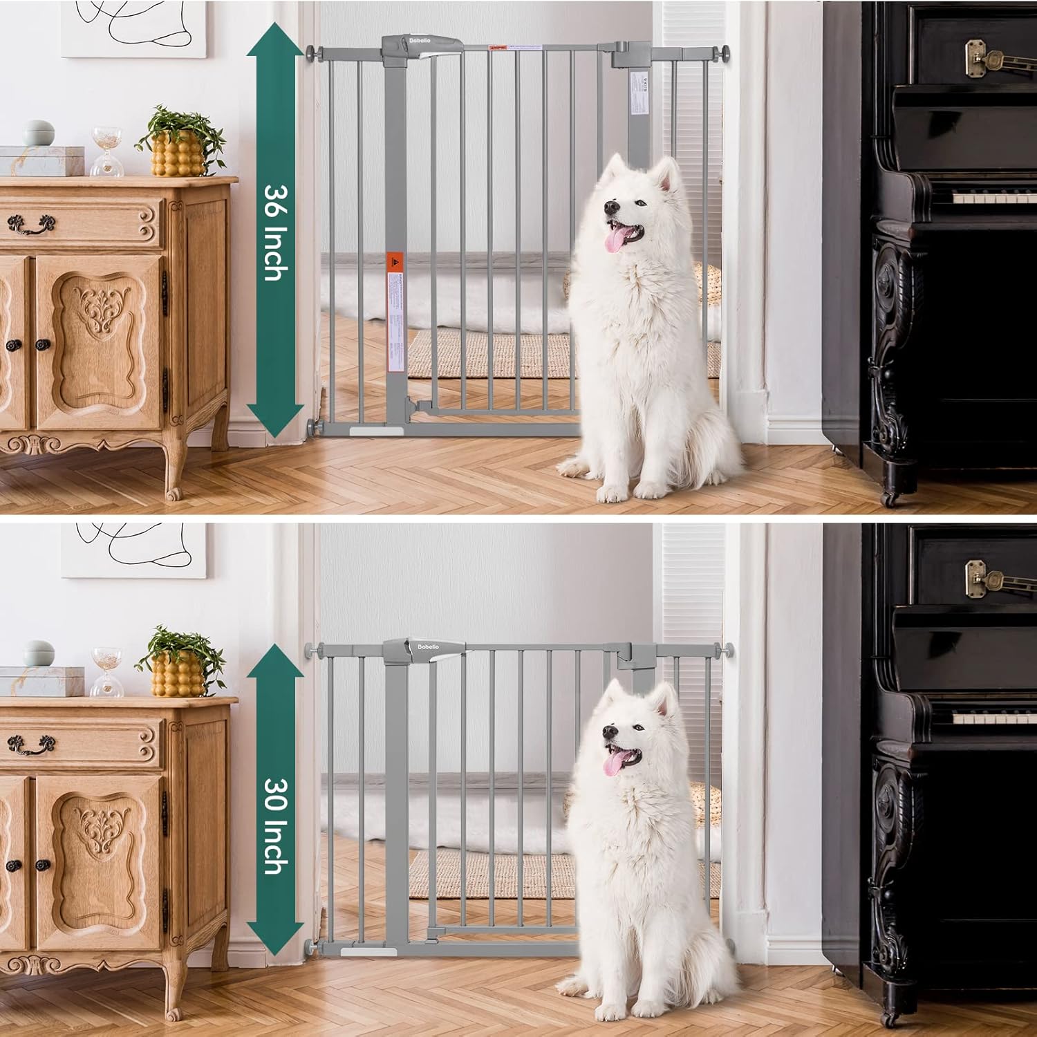 BABELIO 36-Inch Tall Baby Gate, 26-40" Wide Auto-Close Pet Gate, Easy Install and No-Drilling, Pressure Mounted with Wall Protectors and Extension Kits, Gray