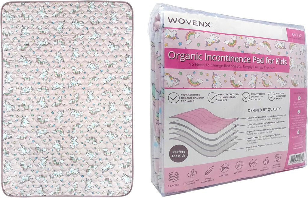 Organic Incontinence Pads for Kids & Toddlers - 5 Layer Waterproof Protectors for Overnight Bed Wetting - Reusable & Washable Pee Pads - Fits Twin to Full Size Beds - 34" x 52" Unicorn