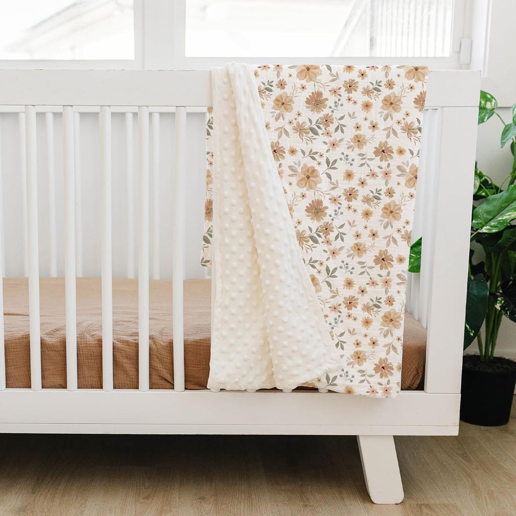 Konssy Baby Blankets for Unisex Boys Girls, Super Soft Nursery Minky Blankets with Muslin Cotton Front and Dotted Fleece Backing, Printed Bed Throws Newborn