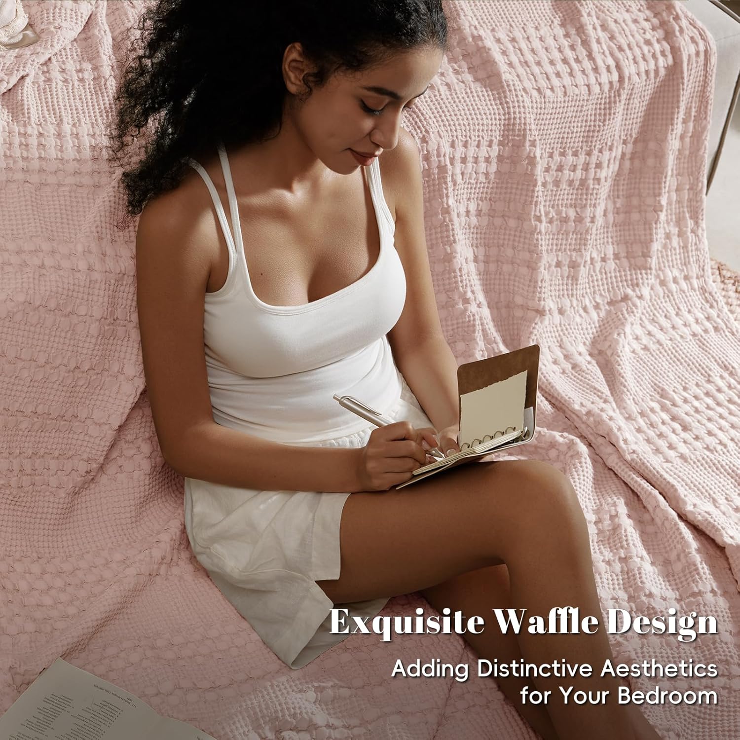 PHF 100% Cotton Waffle Weave Blanket Queen Size, Soft Lightweight Breathable Cozy Summer Blankets for Bed, Luxury Aesthetic Woven Bedding for Home Decor, 90"x90", Pink/Mauve