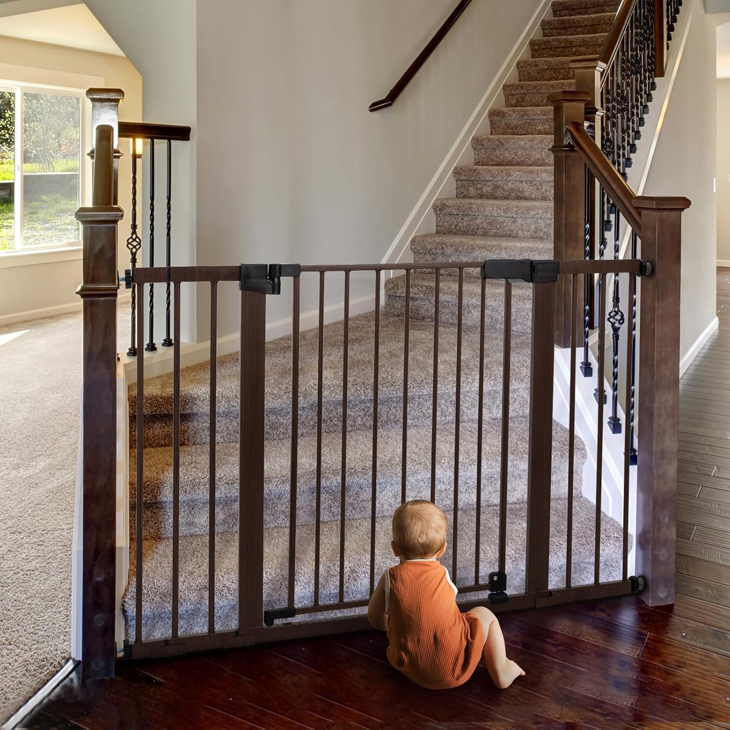 BABELIO Baby Gate with Black Wood Pattern, 29-48 Inch Auto Close Dog Gate for The House, Stairs and Doorways, Pressure Mounted Pet Gate with Door and Y Spindle Rods