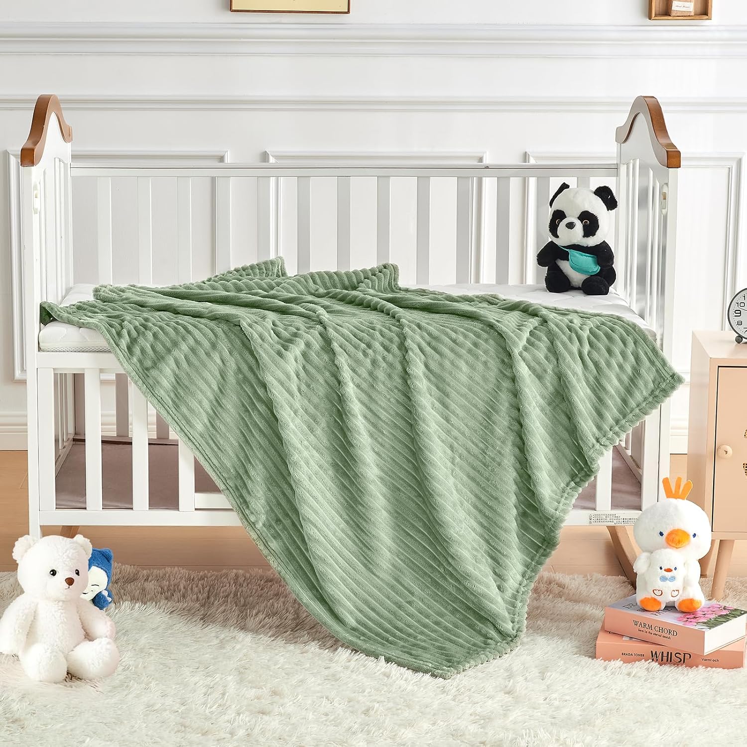 Soft Fleece Baby Blanket Ultra Cozy Green Baby Blankets for Boys Warm and Lightweight Infant Toddler Newborn Receiving Gift with Reversible Stripes for Crib Stroller, 30x40 Inch, Sage Green