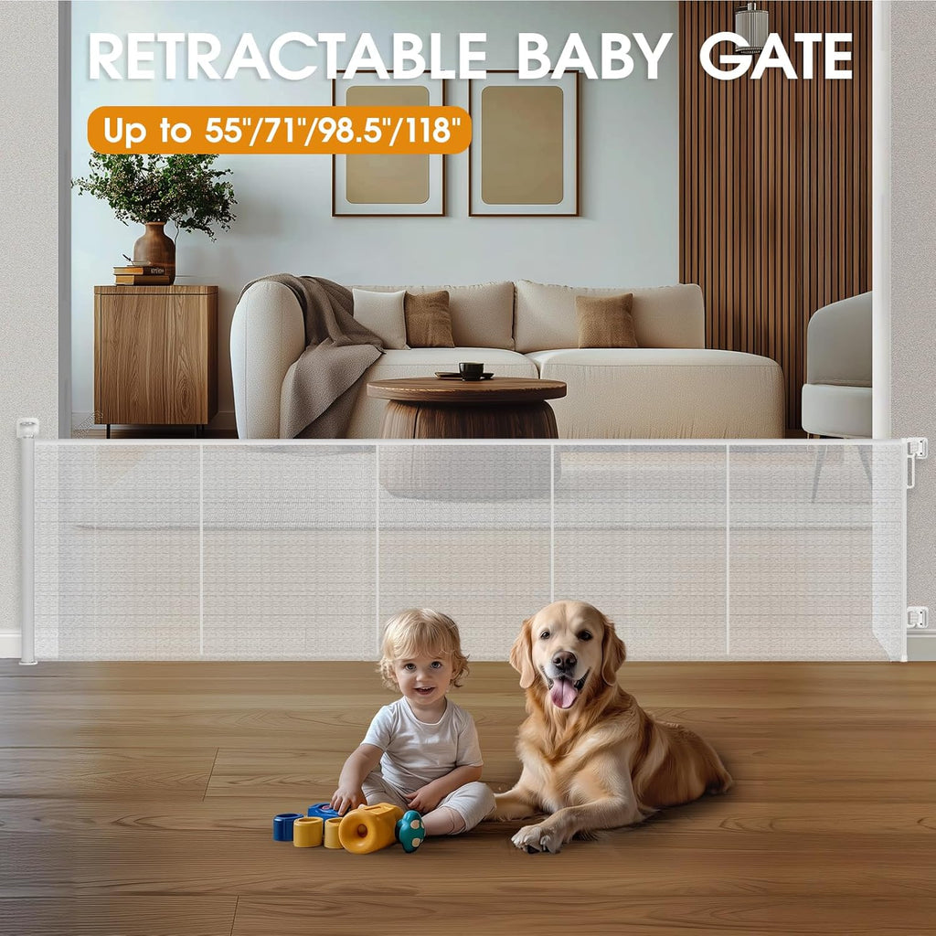 HOMEAL Retractable Baby Gates for Stairs & Doorways, Outdoor Indoor Mesh Dog Gate for Kids or Pet, Extra Wide Baby Gates for Deck, Porch, Hallways, Patio (White, Width Up to 55")