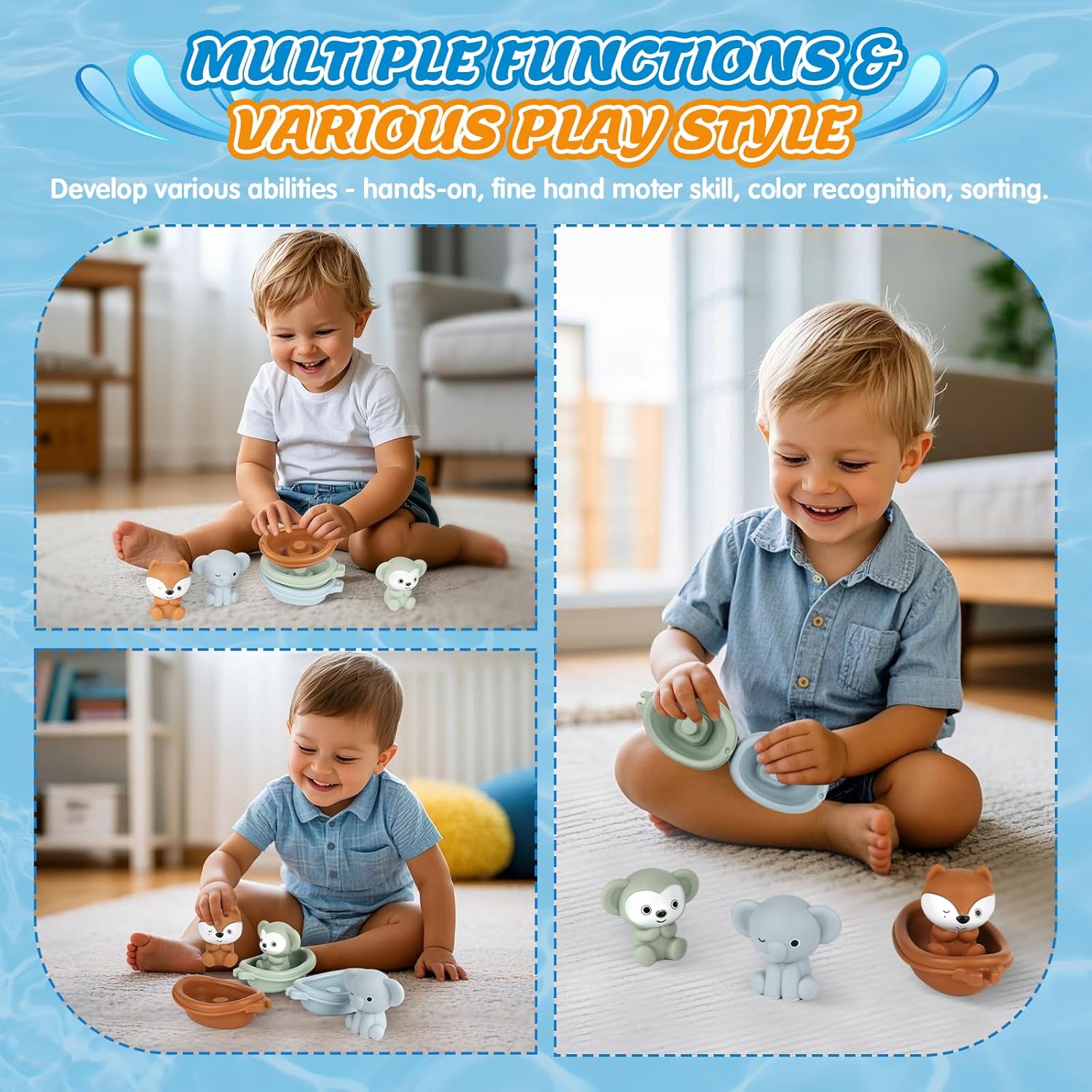 Bath Pool Toys for Toddler, Stacking Toys with 3 Boat 3 Sensory Finger Puppets, Toddler Toys Gifts for 2-4 Year Old Boy Girl, Model A