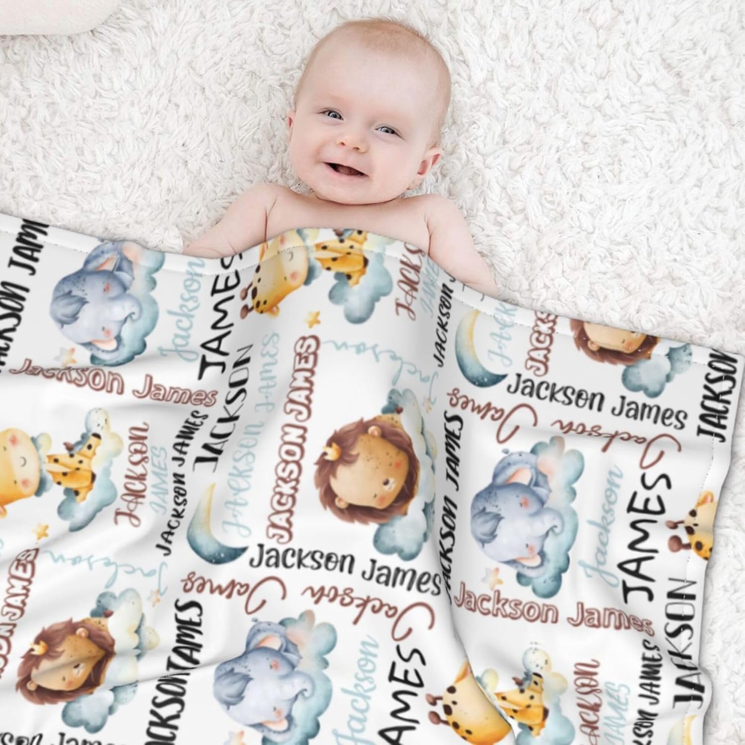 Personalized Baby Blanket for Boys, Custom Baby Blanket with Name, Safari Animal Blanket Name Baby Blanket, Safari Animal Swaddle Blanket for Toddlers Kids Newborn