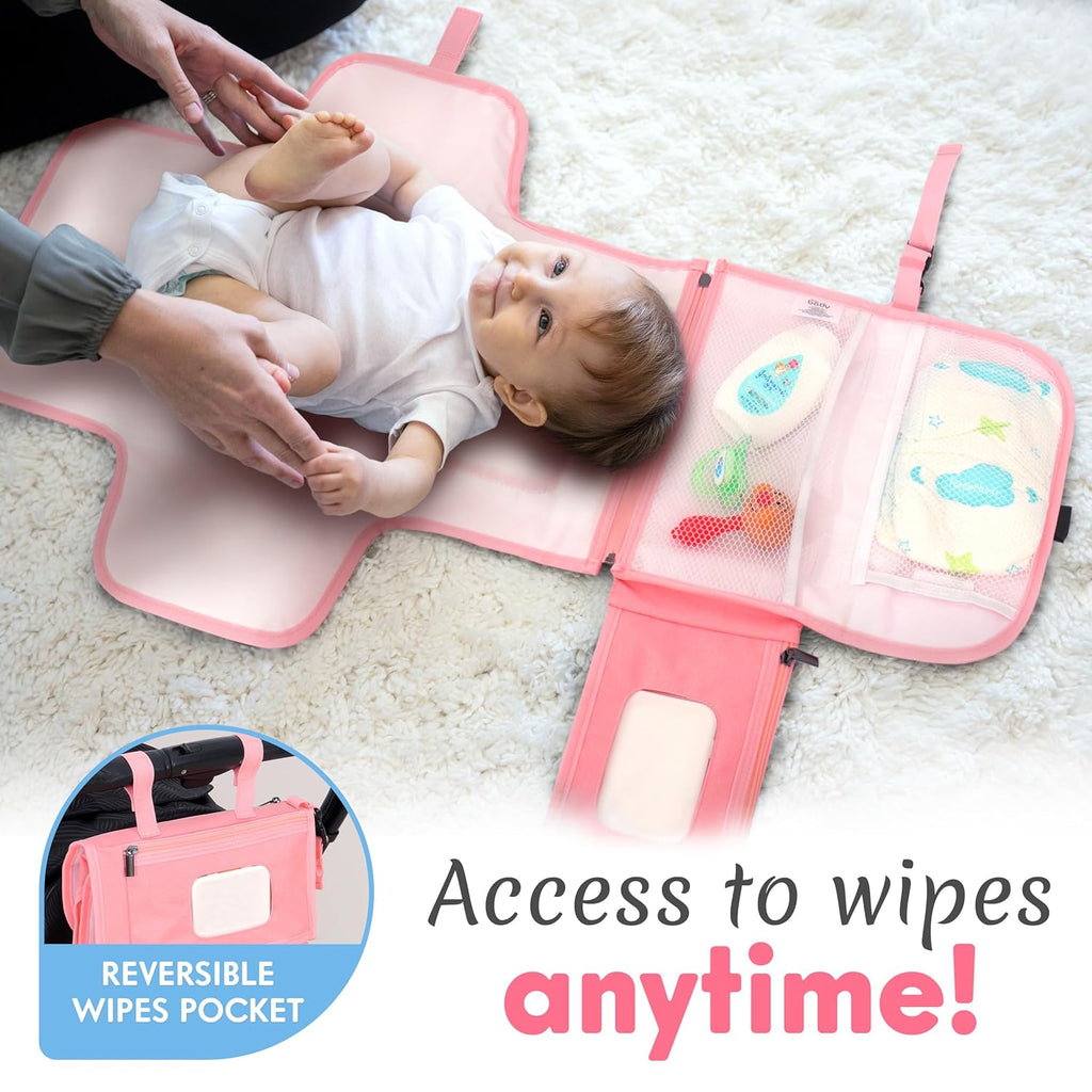 Kopi Baby Portable Diaper Changing Pad - Baby Diaper Changer Travel Bag with Wipes Pocket, Smart Design Portable Changing Mat, Infant Travel Station Kit, Gift for Newborn Girl & Boy - Pink, Classic