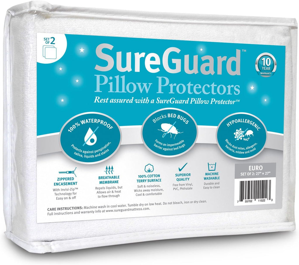 Set of 2 Euro Size SureGuard Pillow Protectors - 100% Waterproof, Bed Bug Proof, Hypoallergenic - Premium Zippered Cotton Terry Covers