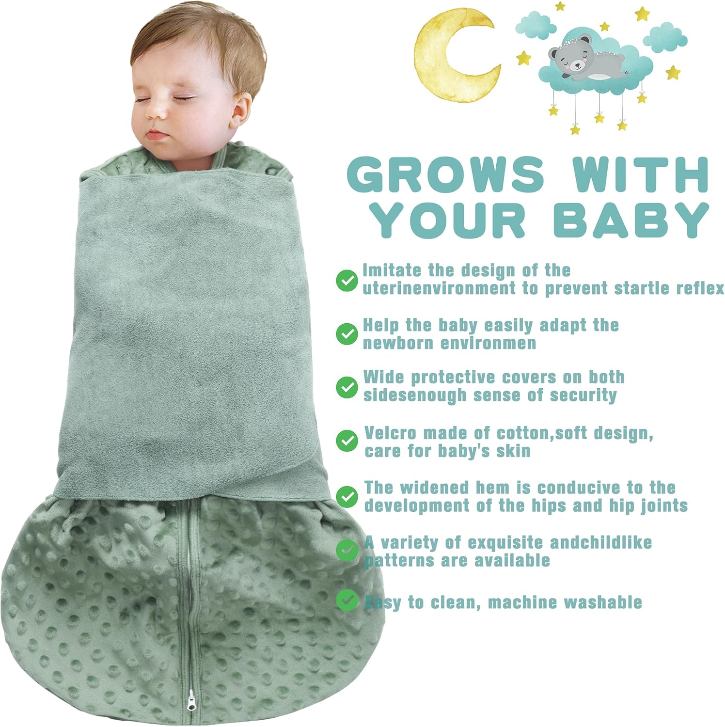 Fleece Newborn Sleep Sack Baby Swaddle,3-Way Adjustable Wearable Blanket,2 Pack Fleece Swaddling Sleeping Bag TOG 2.0， (Blue&Green, 6-12 Months)