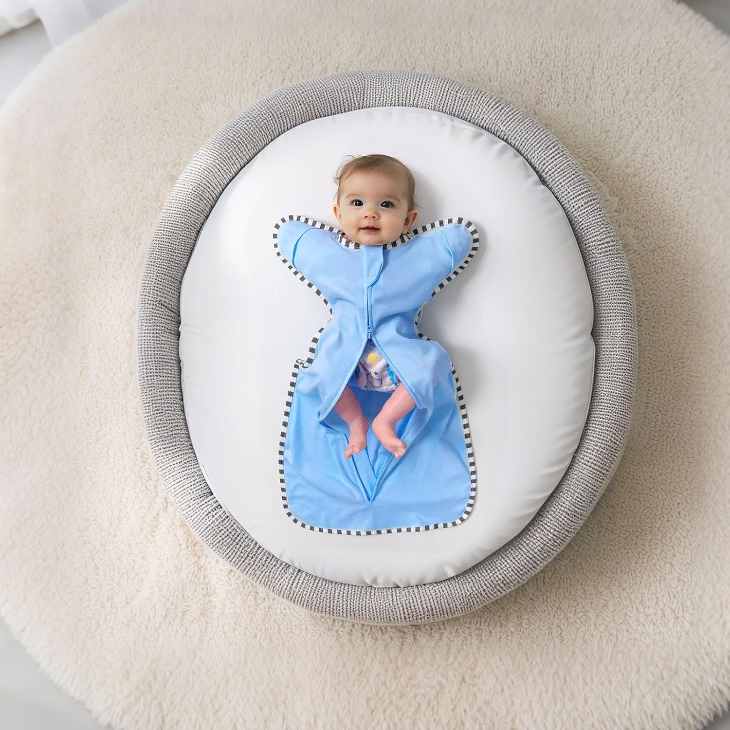 Transition Swaddle, 2 Pack 100% Cotton Baby Sleep Sack, 2-Way Zipper Infant Arm Up Swaddle for Newborn Baby Boys Girls (Khaki + Sky Blue, M(3-6 Months))