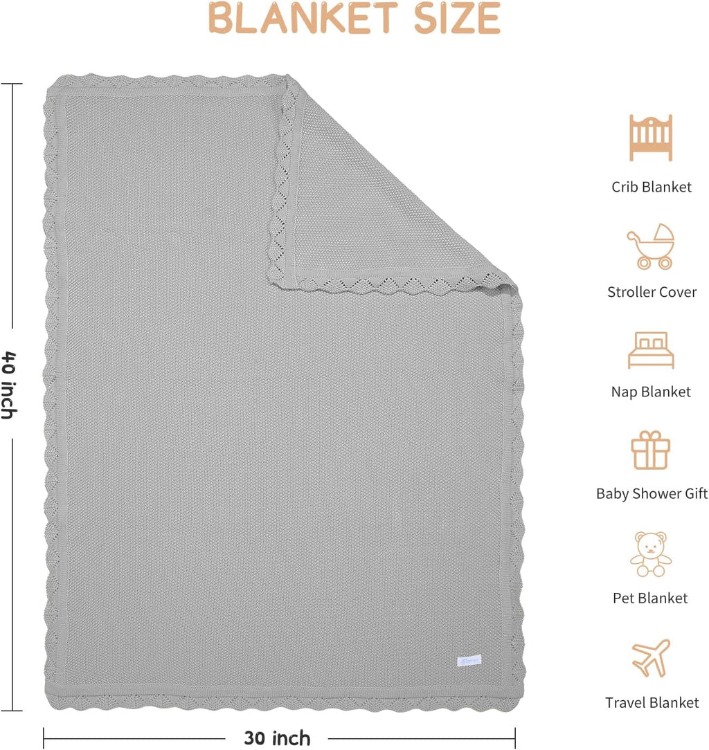 Cotton Baby Blankets 100% Knit Soft Warm Lace Toddler Newborn Nursery Receiving Blankets,30 X 40 Inches, Light Gray