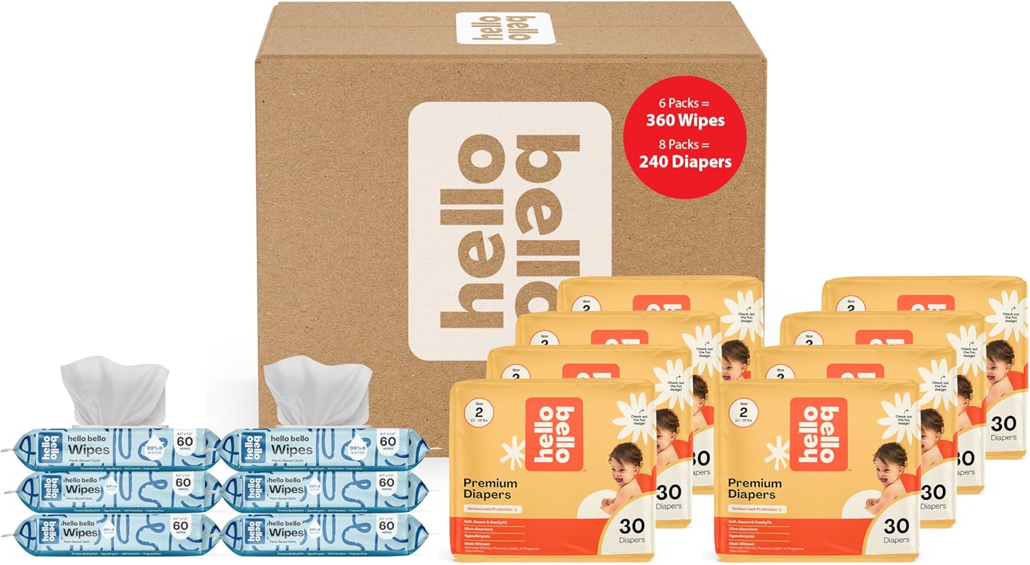 Hello Bello Mega Surprise Pack, Size 2 (10-16 lbs), 240ct Hypoallergenic Assorted Diapers with a Soft, Cloth-Like Feel Plus 360 Ultra Gentle Unscented Baby Wipes in 6 Resealable Packs