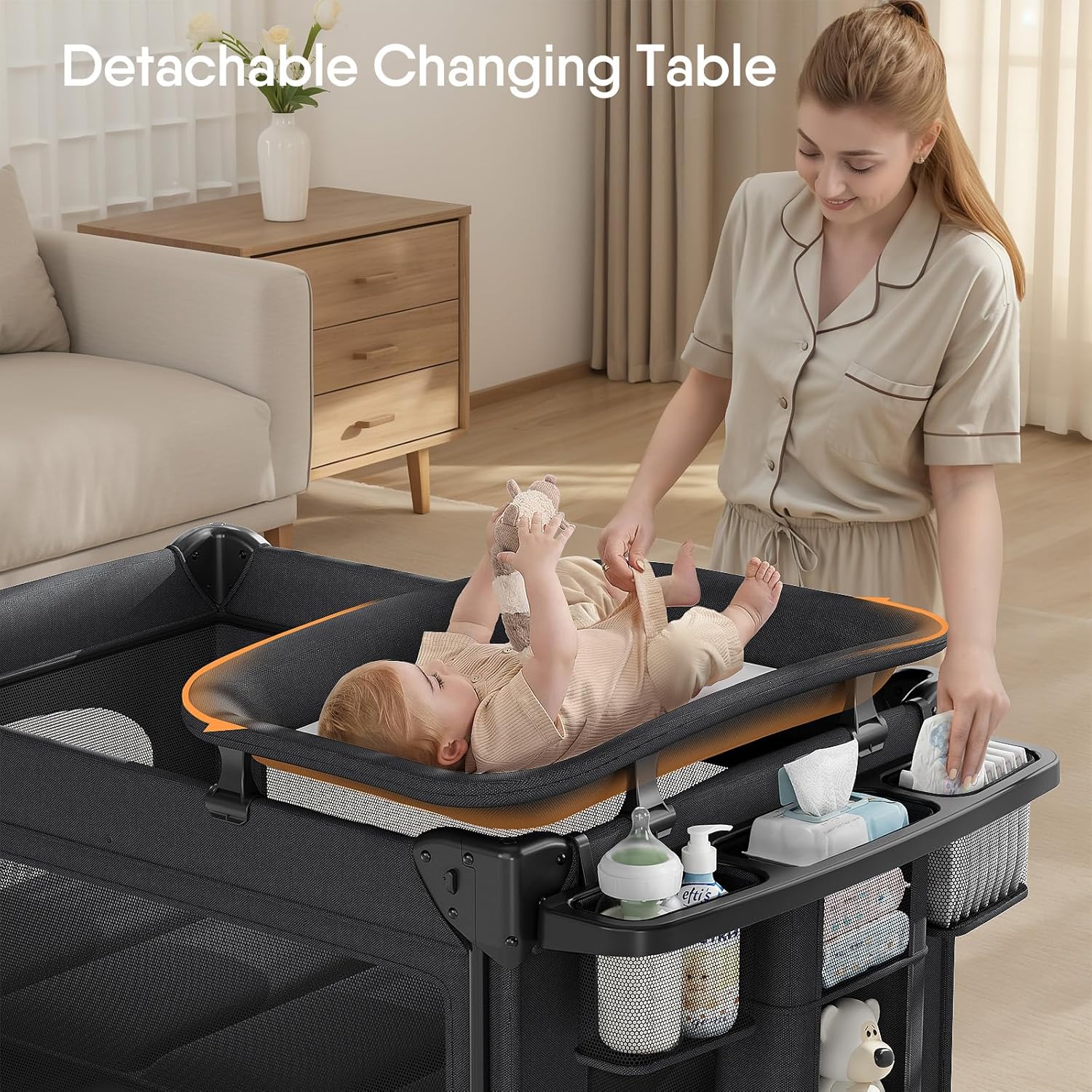 4 in 1 Baby Bassinet, Pack and Play, Bedside Crib Sleeper, Diaper Changer, Quickly Assembled and Folded Portable Crib with Mattress and Mosquito Net, Easy to Carry