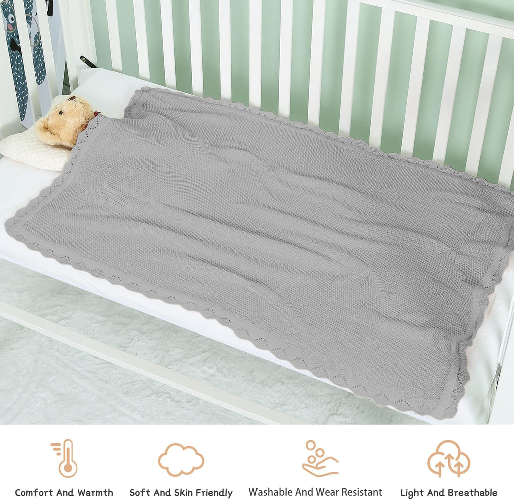 Cotton Baby Blankets 100% Knit Soft Warm Lace Toddler Newborn Nursery Receiving Blankets,30 X 40 Inches, Light Gray
