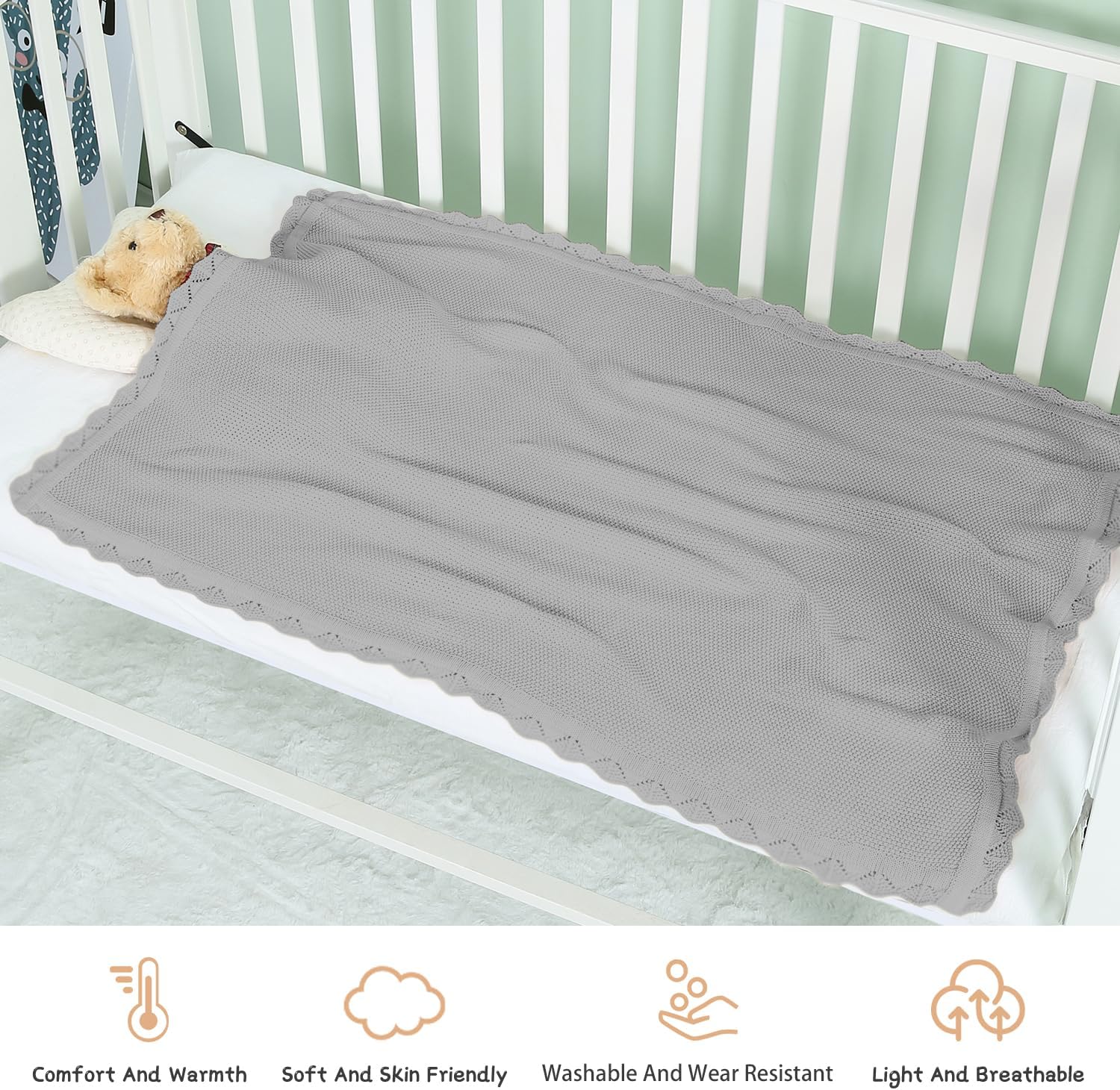 Cotton Baby Blankets 100% Knit Soft Warm Lace Toddler Newborn Nursery Receiving Blankets,30 X 40 Inches, Light Gray
